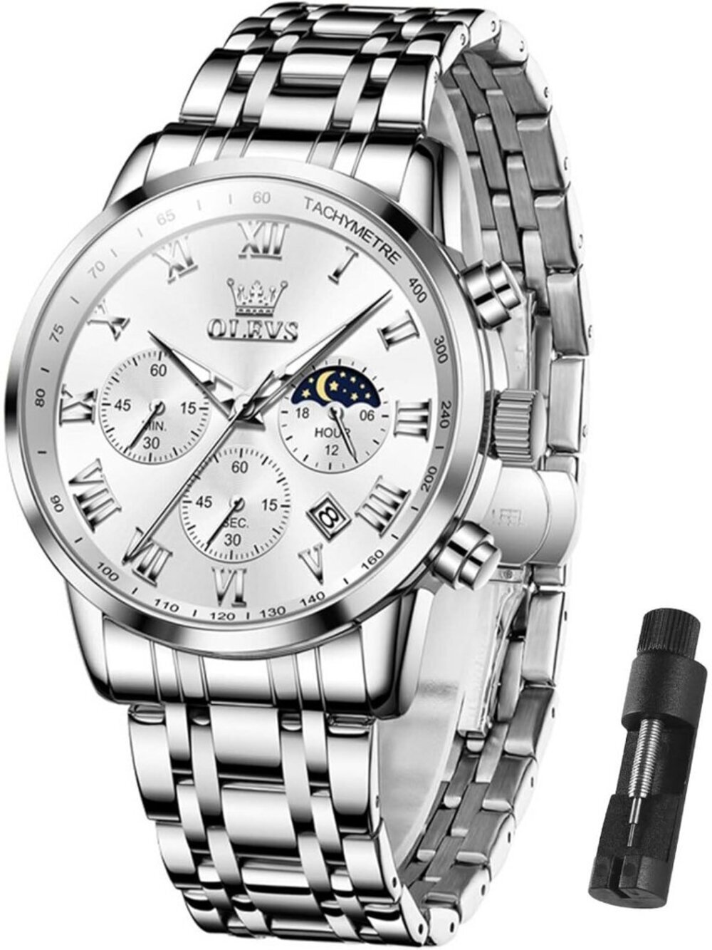 Olevs Men's Silver Multifunction Waterproof Luminous Chronograph Wrist Watch